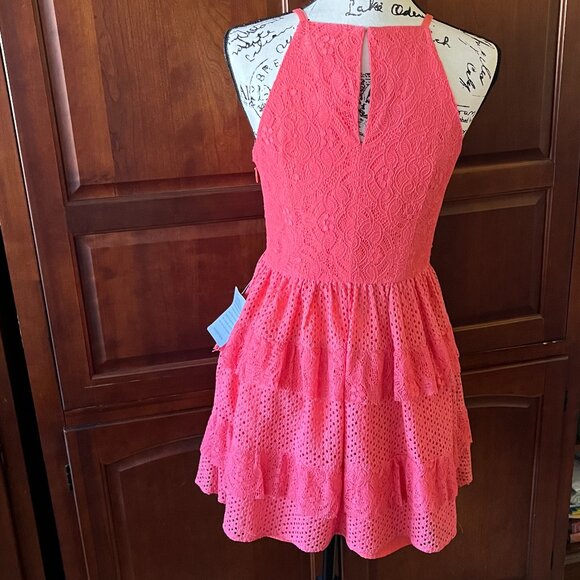Adelyn Rae Ruffle Lace Dress Coral Pink Small - Picture 3 of 7